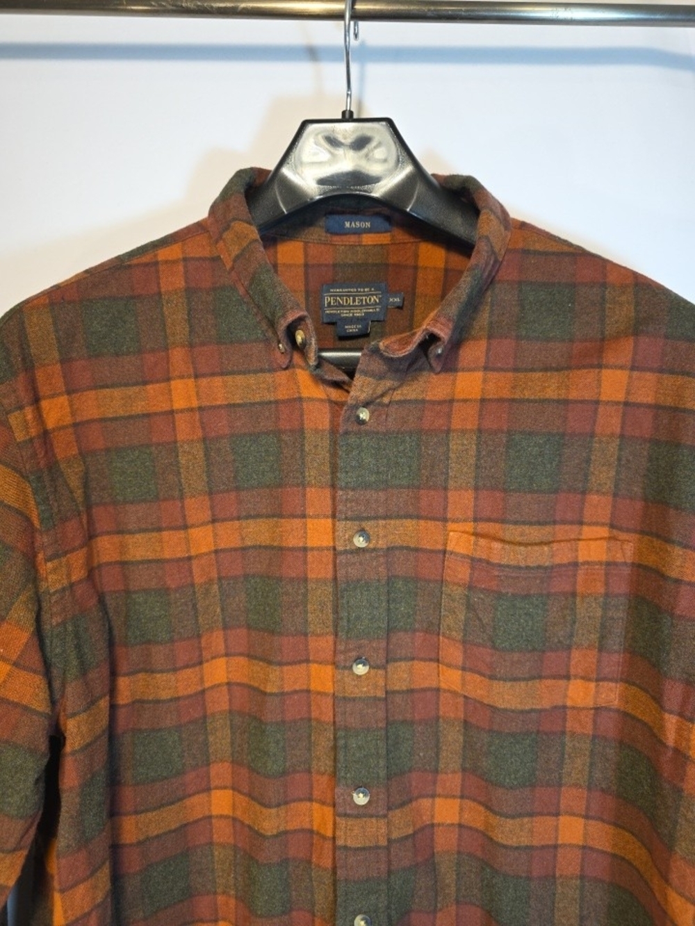 Pendleton Mason Flannel Shirt Men XXL Orange Green Plaid Button Down 100% Cotton